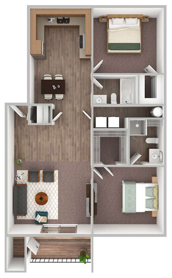 A 3D rendered image of a small apartment layout.