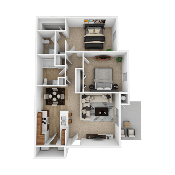 a 3d floor plan of a 1 bedroom apartment