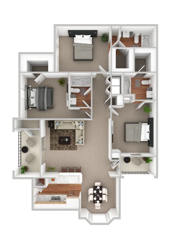 a stylized floor plan of a house with bedrooms and a living room