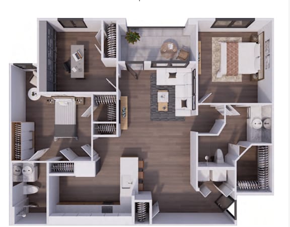 A 3D floor plan of a house with a kitchen, living room, and bedrooms.