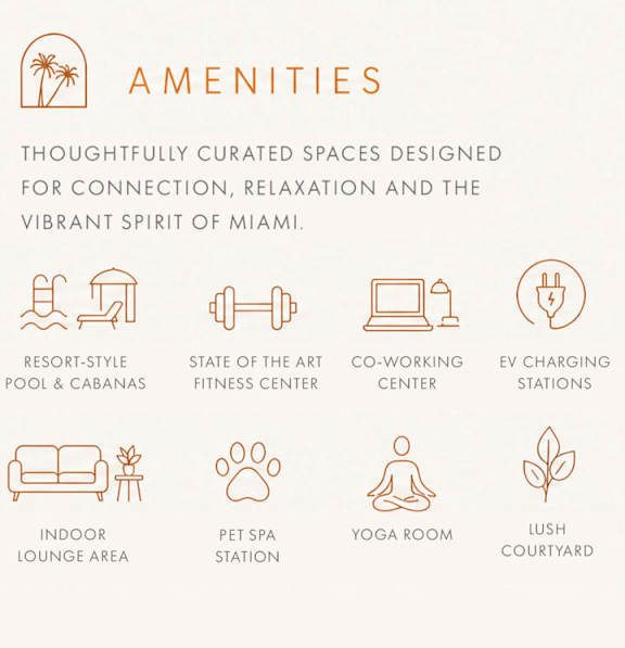 Amenities include a resort-style pool and cabanas, a state of the art fitness center, co-working center, EV charging stations, indoor lounge area, pet spa station, yoga room, and