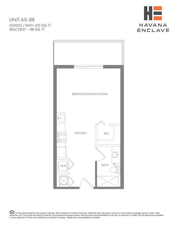 A floor plan for a studio apartment with a kitchen, living room, and bathroom.