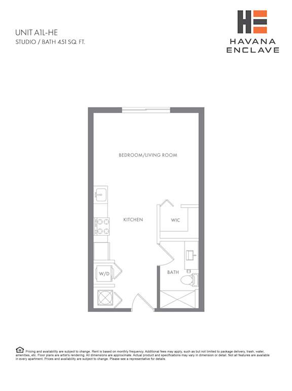 A floor plan for a studio apartment at Havana Enclave.