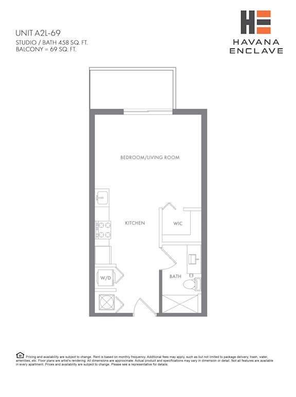 A floor plan for a studio apartment with a living room, kitchen, and bathroom.