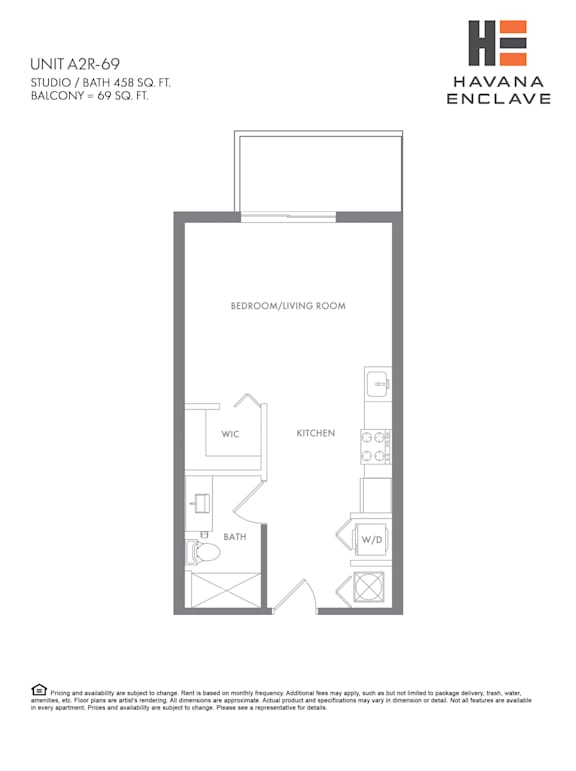 A floor plan for a studio apartment with a kitchen, bathroom, and living room.