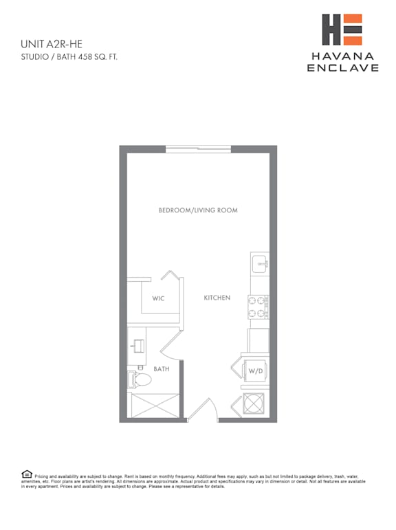 A floor plan for a studio apartment with a bedroom/living room area, kitchen, bathroom, and workspace.