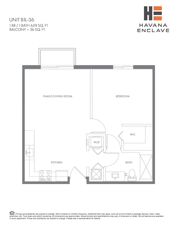 A floor plan for a unit at Havana Enclave shows a living room, kitchen, bedroom, and bathroom.