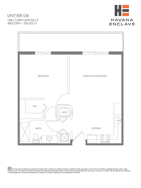 A floor plan for a unit at Havana Enclave shows a bedroom, living room, kitchen, bathroom, and WC.