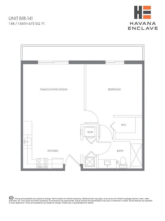 A floor plan for a 1 Bedroom, 1 Bathroom apartment at Havana Enclave.
