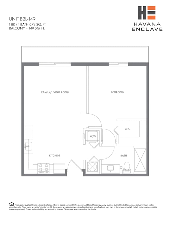 A floor plan for a small apartment with a kitchen, bathroom, and two bedrooms.