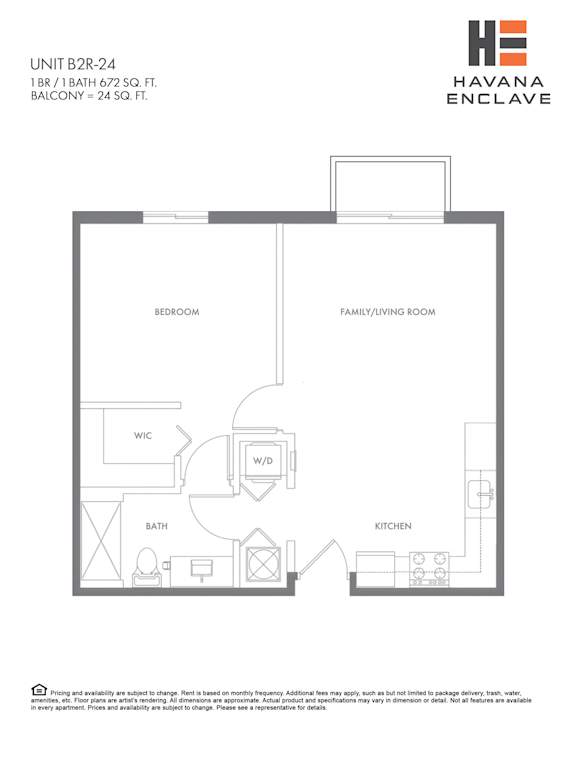 A floor plan for a unit at Havana Enclave shows a bedroom, living room, kitchen, bathroom, and WC.