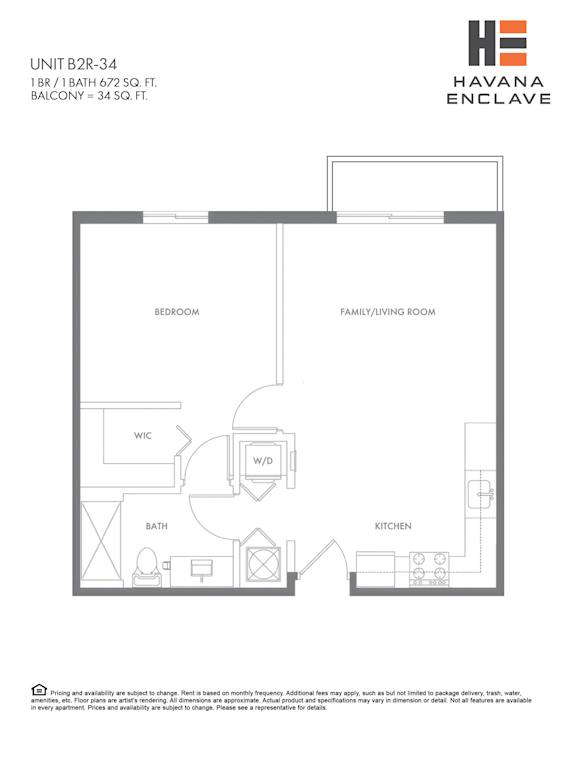 A floor plan for a unit at Havana Enclave shows a bedroom, living room, kitchen, bathroom, and WC.