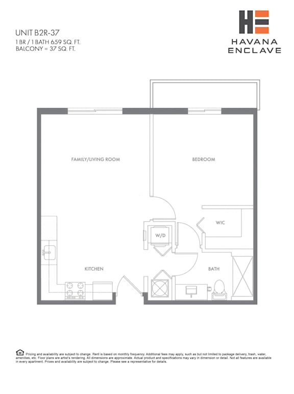A floor plan for a unit at Havana Enclave shows a living room, dining room, kitchen, bedroom, and bathroom.