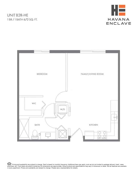 A floor plan for a 1 Bedroom, 1 Bathroom unit at Havana Enclave.