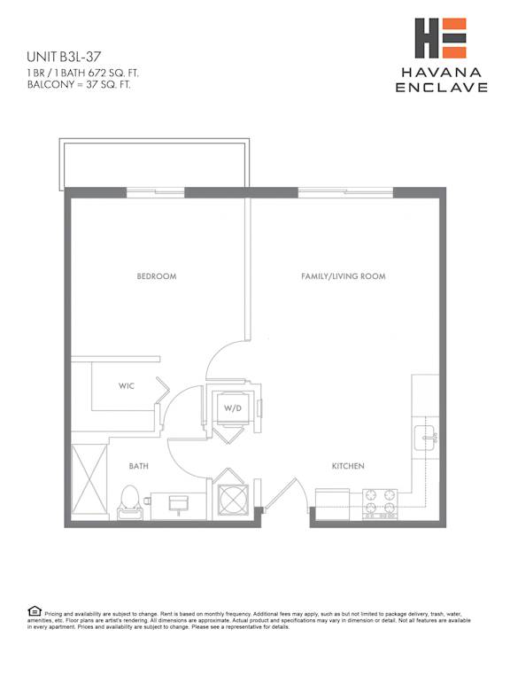 A floor plan for a unit at Havana Enclave shows a bedroom, family/living room, kitchen, bath, and WC.