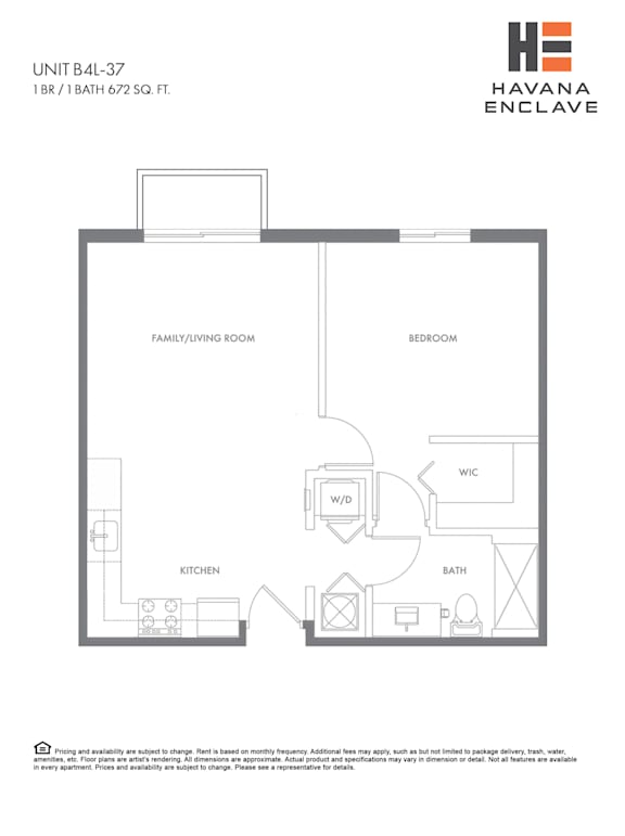 A floor plan for a 1 Bedroom, 1 Bathroom apartment at Havana Enclave.