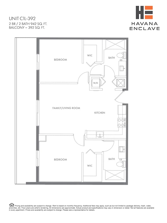A floor plan for a 2 bedroom, 2 bathroom apartment at Havana Enclave.