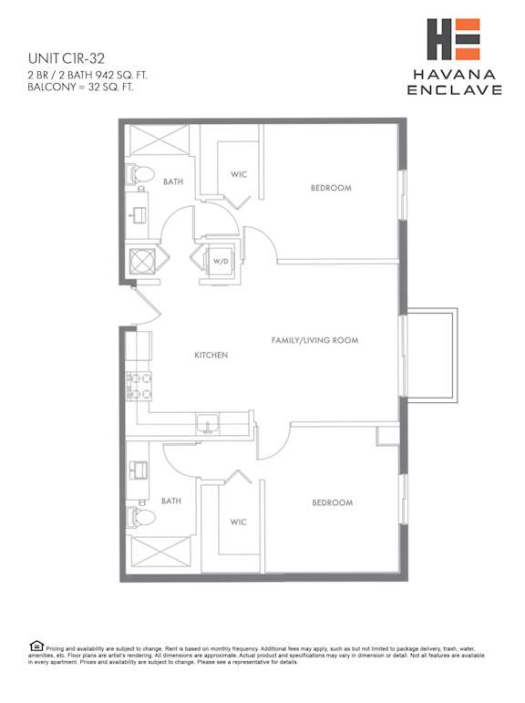 A floor plan for a unit at Havana Enclave shows a living room, two bedrooms, a bathroom, a kitchen, and a workspace.