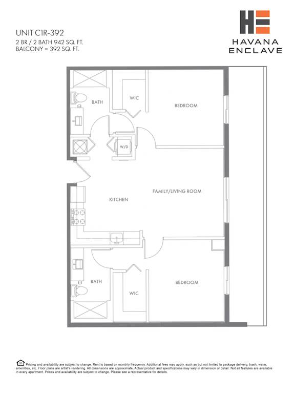 A floor plan for a Havana Enclave apartment shows two bedrooms, a family room, a kitchen, a bathroom, and a workspace.
