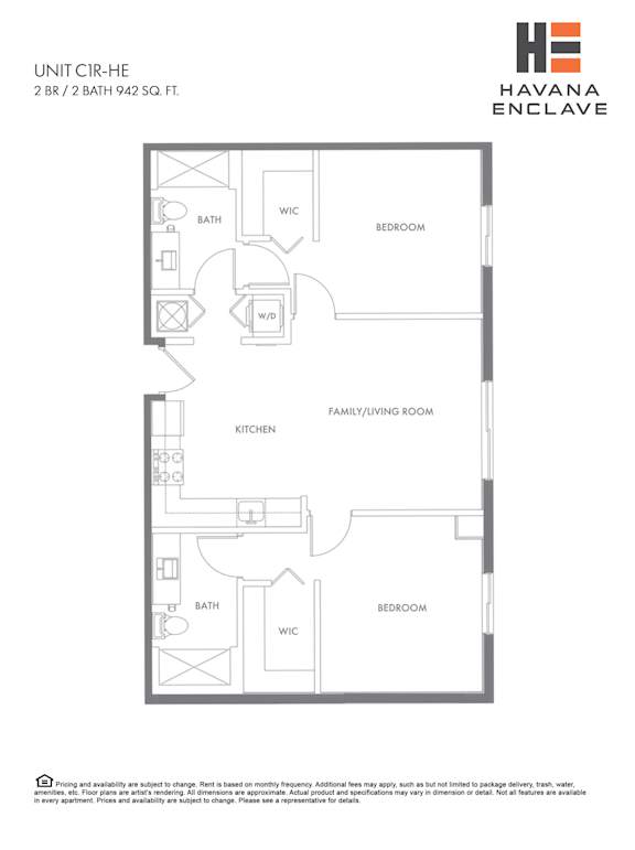 A floor plan for a 2 bedroom, 2 bathroom unit at Havana Enclave.