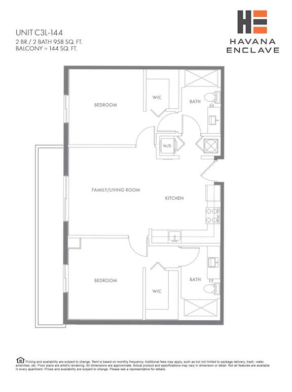 A floor plan for a Havana Enclave unit shows two bedrooms, a living room, a kitchen, a bathroom, and a WC.