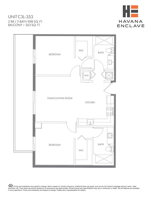 A floor plan for a unit at Havana Enclave shows two bedrooms, a living room, a kitchen, a bath, and a WIC area.