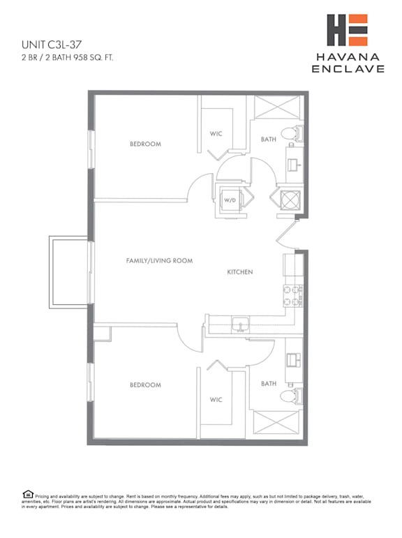 A floor plan for a 2BR/2BATH apartment at Havana Enclave.