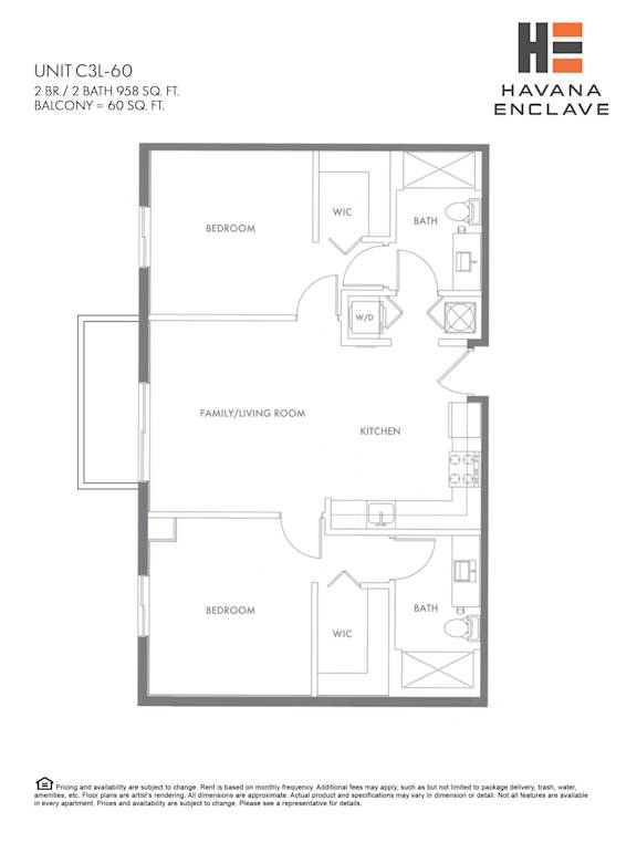 A floor plan for a Havana Enclave unit shows two bedrooms, a living room, a kitchen, a bathroom, and a WC.
