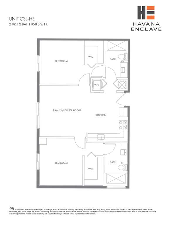 A floor plan for a 2BR/2BATH apartment at Havana Enclave.