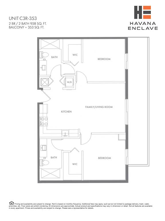 A floor plan for a Havana Enclave apartment shows two bedrooms, a living room, a kitchen, a bathroom, and a workspace.