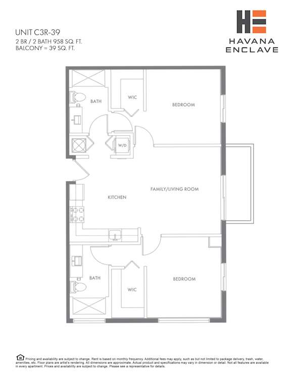 A floor plan for a unit at Havana Enclave shows a living area, two bedrooms, a bathroom, a kitchen, and a workspace.