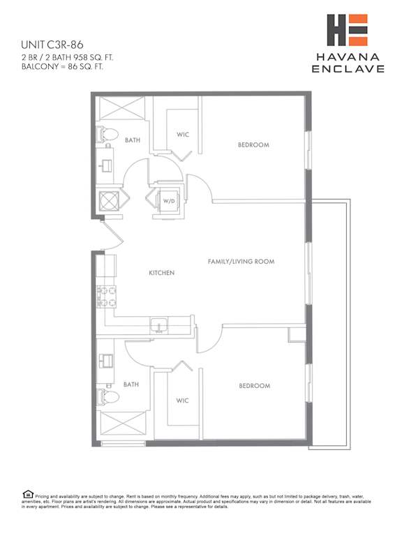 A floor plan for a Havana Enclave unit shows a living area, two bedrooms, a bathroom, a kitchen, and a family room.