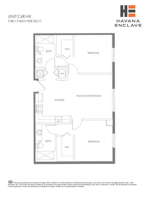 A floor plan for a 2 bedroom, 2 bathroom apartment.