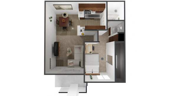 A top down view of a modern apartment with a kitchen, living room, and bathroom.