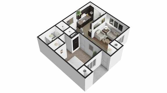 A 3D image of a house layout with a kitchen, living room, and bathroom.