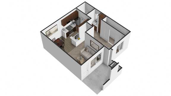 A 3D image of a house layout with multiple rooms.