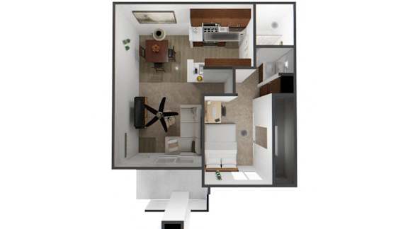 A white framed image of a house with a kitchen, living room, and bathroom.