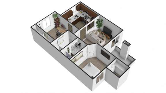 A 3D floor plan of a house with a kitchen, living room, and two bedrooms.
