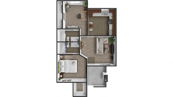A floor plan of a house with a kitchen, living room, dining room, and two bedrooms.