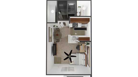 A top-down view of a kitchen with a sink, stove, and counter.