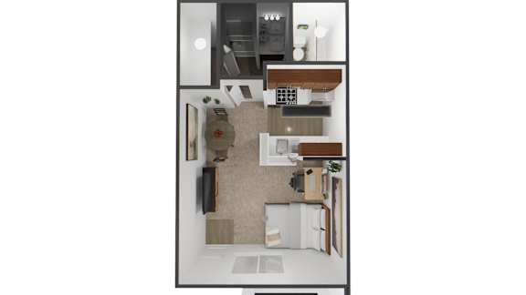 A top-down view of a kitchen with a dining table and chairs.