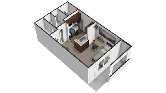 A 3D image of a house layout with a kitchen, living room, and two bedrooms.