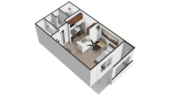 A 3D image of a house layout with a living room, kitchen, and two bedrooms.