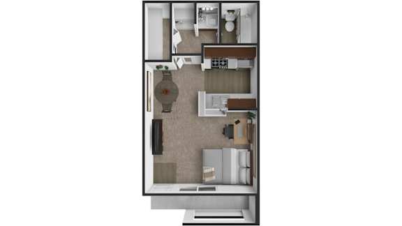 A floor plan of a small apartment with a kitchen, living room, and bedroom.