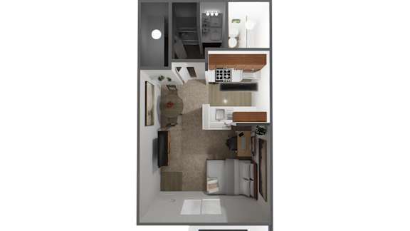 A small, modern kitchen with a sink, stove, and refrigerator.