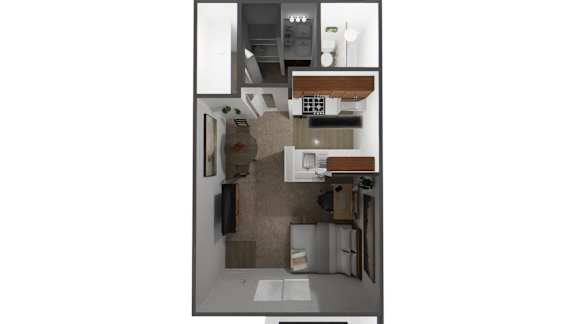 A small, modern kitchen with a sink, stove, and refrigerator.