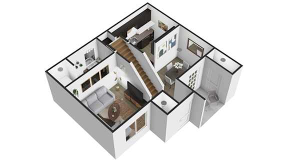 A 3D floor plan of a house with multiple rooms.