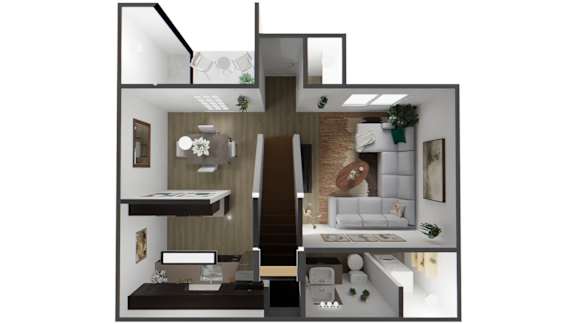 A modern interior design of a house with a kitchen, living room, and bathroom.
