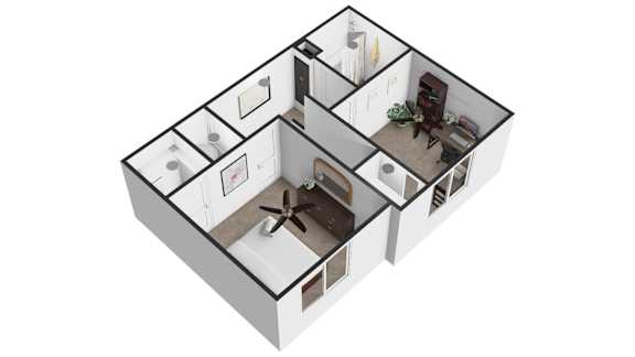A 3D floor plan of a house with a kitchen, living room, and two bedrooms.
