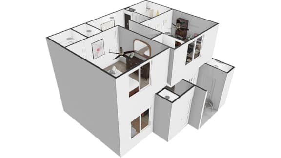 A 3D image of a house with multiple rooms.